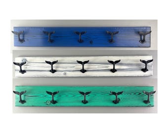 Whale Tail Towel Rack 36"  with 5 Hooks Shou Sugi Ban Board - Nautical Decor Coat Rack - Beach House - Coat Rack