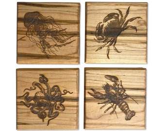 Wood Coasters Sea Creatures SET of 4 Octopus / Jellyfish / Lobster / Crab - Coastal Decor Coaster Set