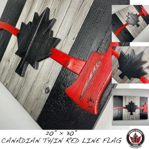 Fire Fighter Gift Canadian Flag Made of Wood 20x30 inch - Thin Red Line Burnt Cedar Rustic Flag - Canadian First Responder Flag