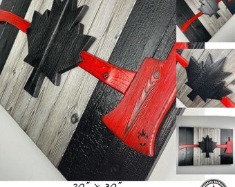 Fire Fighter Gift Canadian Flag Made of Wood 20x30 inch - Thin Red Line Burnt Cedar Rustic Flag - Canadian First Responder Flag