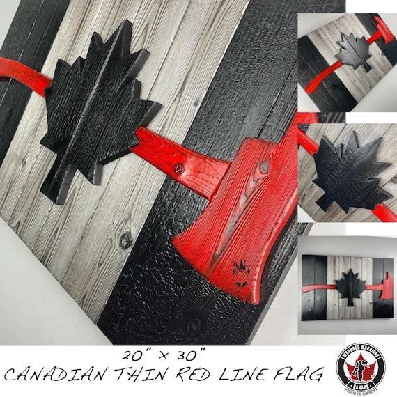 Fire Fighter Gift Canadian Flag Made of Wood 20x30 inch - Thin Red Line Burnt Cedar Rustic Flag - Canadian First Responder Flag