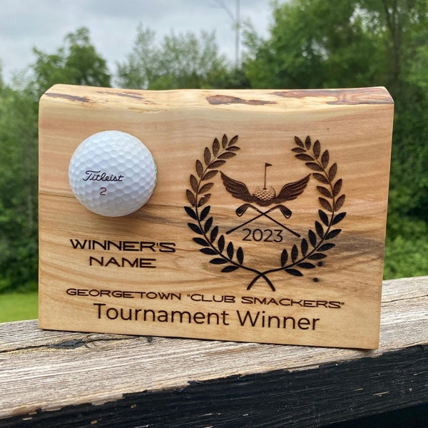 Custom Golf Award Live Edge Wood with Golf Ball - Personalized Golf Trophy for Tournaments Plague Gift for Golfer