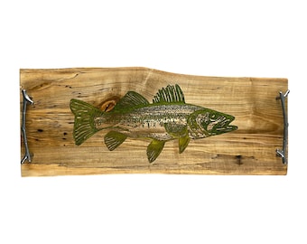 Maple Charcuterie Board with Walleye in Green and Yellow Epoxy - Serving Board with handles - Cheese Board - Housewarming Gift