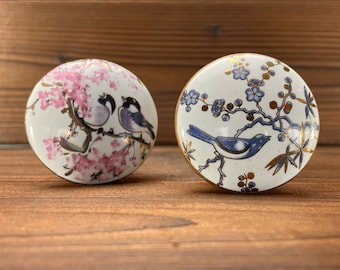 Bird and Blossom Drawer Knobs in Blue or Pink - Bird and Branch Cabinet Knobs - Ceramic Knob with Bird - Bird Lover Gift