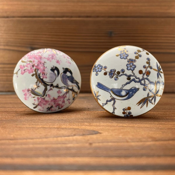 Bird and Blossom Drawer Knobs in Blue or Pink - Bird and Branch Cabinet Knobs - Ceramic Knob with Bird - Bird Lover Gift
