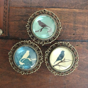 May include: Three decorative cabinet knobs with an ornate bronze frame and a glass insert featuring a silhouette of a bird on a branch. The glass inserts are in shades of blue and green.