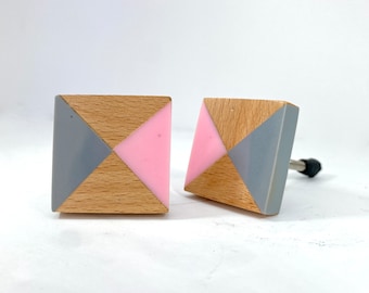 Square Drawer Knob Pink and Gray  SET of 2 - Geometric Cabinet Knobs - CLEARANCE SALE