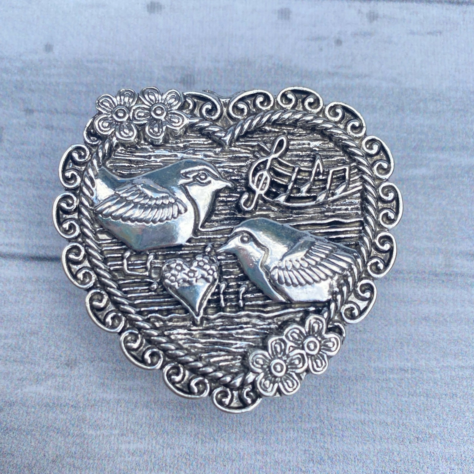 Heart Drawer Knobs in Silver With Birds and Flowers Etsy