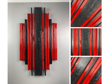 Wood Art Geometric Black & Red Wall Hanging in Burnt Cedar Art Piece