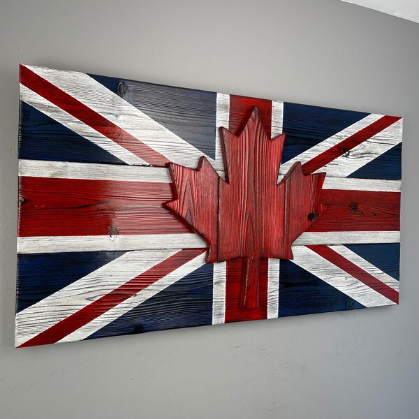 Mélange de drapeaux canadiens britanniques en bois brûlé - Union Jack en bois avec feuille d'érable - Décoration murale rustique Shou Sugi Ban