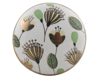 Ceramic Drawer Knob with Floral Pattern and Gold Trim - Ceramic Cabinet Knob in White Green and Gold - Decorative Leaves and Flowers