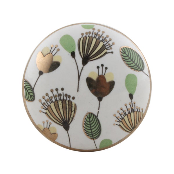 Ceramic Drawer Knob with Floral Pattern and Gold Trim - Ceramic Cabinet Knob in White Green and Gold - Decorative Leaves and Flowers