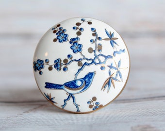 Drawer Cabinet Knob Bird and Blossom in Blue and Gold - Bird Drawer Knob - Ceramic Knob with Bird on Branch- Bird Lover Gift