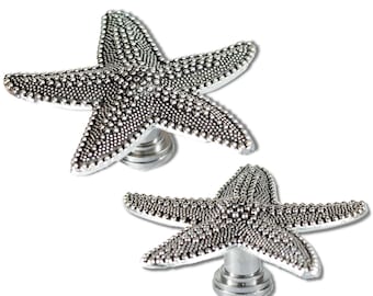 Starfish Drawer Knobs SET of 2 / 4 / 6 / 8 in Silver for Beach Coastal Nautical Bathroom Decor - Star Cabinet Knobs Hampton Vibes