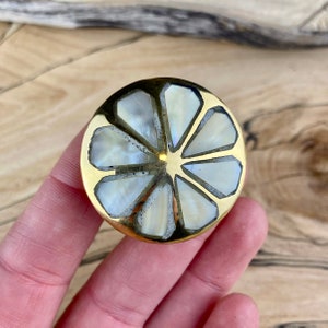 May include: A round brass knob with a white mother-of-pearl inlay in the shape of a flower.