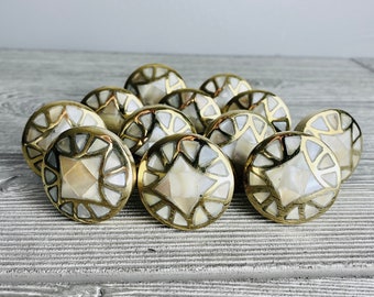 Pearl Drawer Knobs Brass SET of 12 - Round Mother of Pearl Cabinet Knobs
