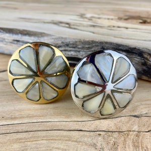 Pearl Cabinet Knobs with a daisy Pattern in Gold or Silver on Spalted Maple wood