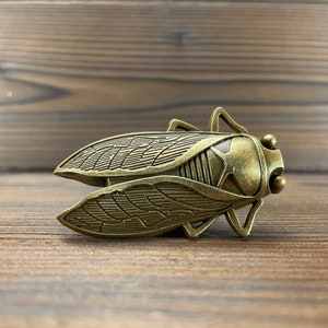 May include: A bronze-colored cicada insect figurine with detailed wings and a textured body.