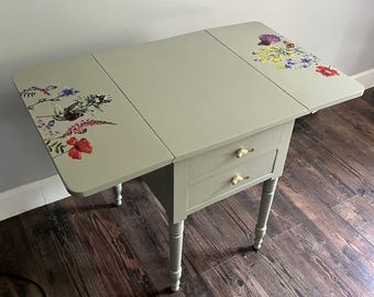 End Table with flower Transfers - Side Table in Sage Green with 2 drawers