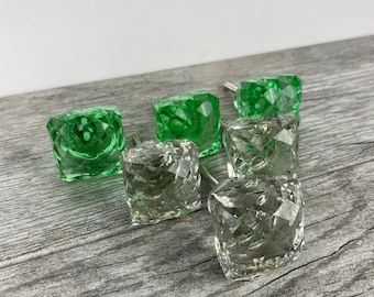 Square Glass Drawer Knobs SET of 6 Clear and Green - Clearance SALE