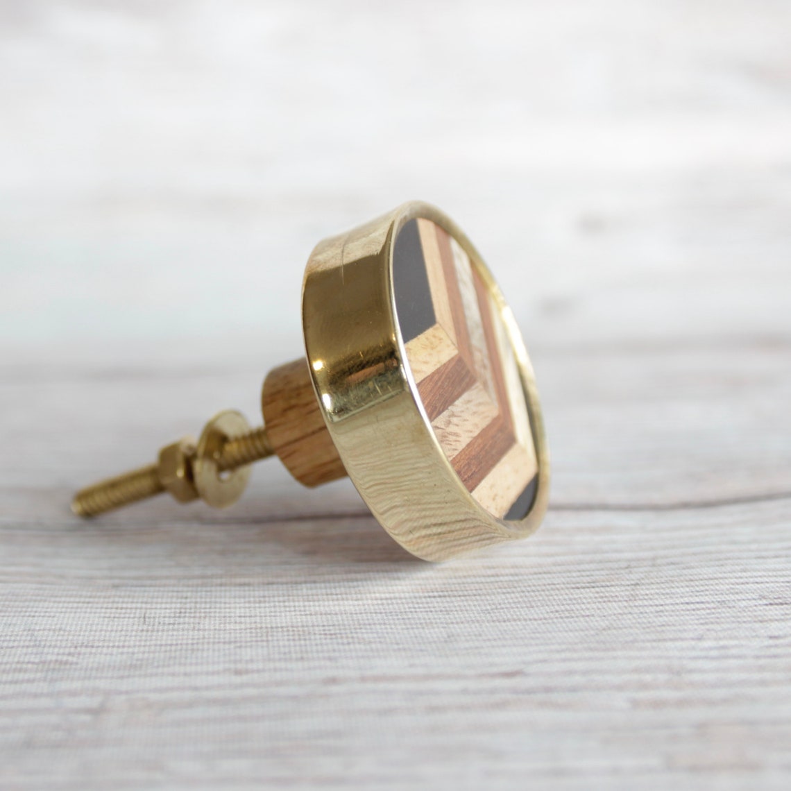 Knob Wood Chevrons Brass Knob with Wood Inlay Etsy
