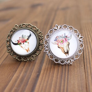 Animal Skull Drawer Knobs with flowers - Skull Cabinet Knobs Cow and Deer - Flower Decor