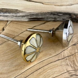 Pearl furniture Knobs with a daisy Pattern in Gold or Silver on Spalted Maple wood