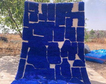 Blauer Marokkanischer Teppich - Berber Wolle Teppich - Handgemachtes Abstraktes Design - Königliches Geometrisches Kunstwerk - Moderner Interieur Akzent - Atlas Stil