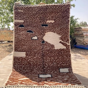 Brown Moroccan Wool Rug - Handwoven Berber Abstract Carpet - Minimalist Beni Ourain Style - Natural Wool Area Rug - Boho Tribal Floor Decor