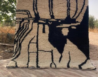 Abstrakter Marokkanischer Teppich - Handgemachter Berber Wollteppich - Schwarz und Creme Moderne Kunst Design - Zotteliger Teppich - Boho Statement Dekor