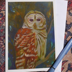 Carte de voeux hibou amoureux des oiseaux, amoureux de la nature, oeuvre d'art par Jessie Lozanski