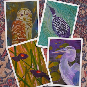 Vogelkarten-Set - 4er-Pack Naturinspirierte Grußkarten: Blautaucher, Fischreiher, Eule & Amsel von Jessie Lozanski
