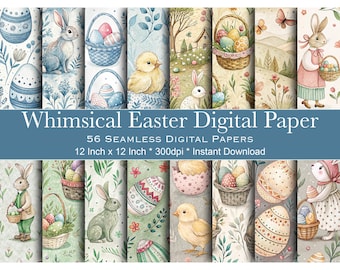 Whimsical Easter Bunnies Seamless Pattern, Digital Download, Spring Floral Backgrounds, Easter Egg Digital Paper, Scrapbook Paper Designs