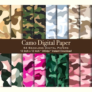 Puede incluir: Una colección de diseños de papel digital de camuflaje en varios colores, incluyendo verde, marrón, rosa y azul. Cada hoja mide 30,48 cm por 30,48 cm. El texto de la imagen dice "Camo Digital Paper" y "64 Seamless Digital Papers".