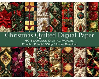 Papel digital vintage acolchado navideño, Navidad victoriana, patrones sin costuras para manualidades navideñas, descarga instantánea