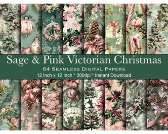 Victorian Christmas Digital Paper, Sage & Pink Vintage Christmas Toile, Seamless Patterns for Holiday Scrapbooking, Instant Download