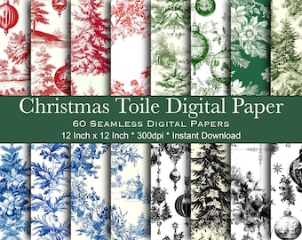 Christmas Toile Digital Paper, Vintage Christmas Toile, Seamless Patterns for Holiday Scrapbooking, Instant Download