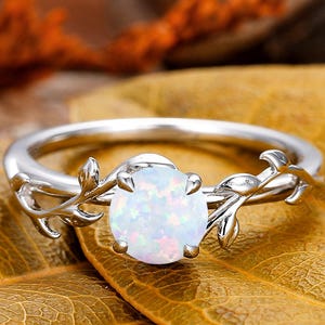 White Gold Opal Engagement Ring Unique Leaf Ring Minimalist Round Opal Wedding Ring Dainty Anniversary Ring Gift Promise Ring Opal For Her