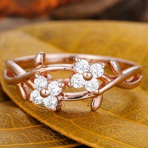 Floral Design Wedding Ring Floral Ring Round Cut Moissanite Ring Anniversary Ring Gift Delicate Handmade Ring Rose Gold Ring Leaf Ring