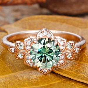 Blue Green Moissanite Wedding Ring Round Cut 7mm Teal Moissanite Ring Floral Halo Ring Stacking Moissanite Ring Unique Anniversary Ring Gift