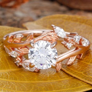 Round Cut 7mm Moissanite Engagement Ring 14k Rose Gold Women Proposal Ring Natural Inspired Leaf Branch Ring Anniversary Ring Gift For Her