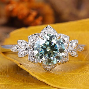 Blue Green Moissanite Wedding Ring Round Cut 7mm Teal Moissanite Ring Floral Halo Ring Stacking Moissanite Ring Unique Anniversary Ring Gift