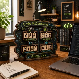 K&ouml;nnte beinhalten: Ein Schreibtisch-Display aus Holz mit dem Titel Code Milestones und vier Klappz&auml;hlern f&uuml;r Projects Shipped 056, Bugs Squashed 738, Commits Pushed 2140 und Cups of Coffee 812, inklusive dem Text Alex.dev unten und verschiedenen Coding-Symbolen.