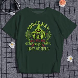 ブギーマンシャツ、ナイトメアー・ビフォア風ユニセックスTシャツ、怖い映画キャラクターシャツ、ハロウィンシャツギフト
