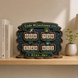 May include: A dark wood desktop tracker titled Code Milestones with four rotating number displays for Projects Shipped, Bugs Squashed, Commits Pushed, and Cups of Coffee. The board features pixel art icons and the text Alex.dev at the bottom.