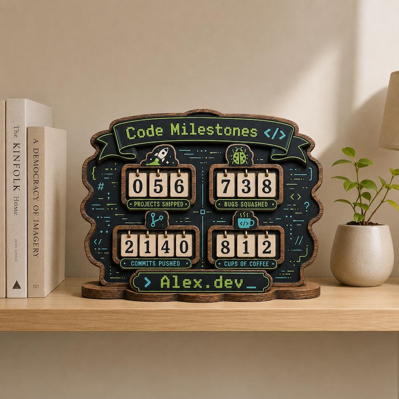 K&ouml;nnte beinhalten: Ein Schreibtisch-Tracker aus dunklem Holz mit dem Titel Code Milestones und vier rotierenden Zahlenanzeigen f&uuml;r Projects Shipped, Bugs Squashed, Commits Pushed und Cups of Coffee. Das Board zeigt Pixel-Art-Symbole und den Text Alex.dev.