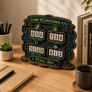 K&ouml;nnte beinhalten: Ein dunkles Holzschild f&uuml;r den Schreibtisch mit der Aufschrift Code Milestones und vier drehbaren Zahlenz&auml;hlern, beschriftet mit Projects Shipped, Bugs Squashed, Commits Pushed und Cups of Coffee. Das Schild zeigt gr&uuml;nen Pixeltext und Symbole, inklusive des Namens Alex.dev.