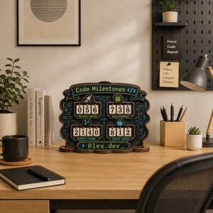 K&ouml;nnte beinhalten: Ein Schreibtisch-Tracker aus dunklem Holz mit dem Titel Code Milestones, der vier drehbare Zahlenanzeigen f&uuml;r Projekte, Bugs, Commits und Kaffeetassen enth&auml;lt, sowie den Text Alex.dev und verschiedene Symbole zum Thema Programmierung.