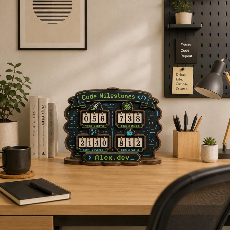 K&ouml;nnte beinhalten: Ein Schreibtisch-Tracker aus dunklem Holz mit dem Titel Code Milestones, der vier drehbare Zahlenanzeigen f&uuml;r Projekte, Bugs, Commits und Kaffeetassen enth&auml;lt, sowie den Text Alex.dev und verschiedene Symbole zum Thema Programmierung.