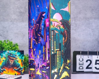 Japan Monster Light Box, Burning Monster Night Light, Kaiju Themed Wood Lamp, Japan Monster Decor, Kaiju Fan Gifts, Wood Gifts